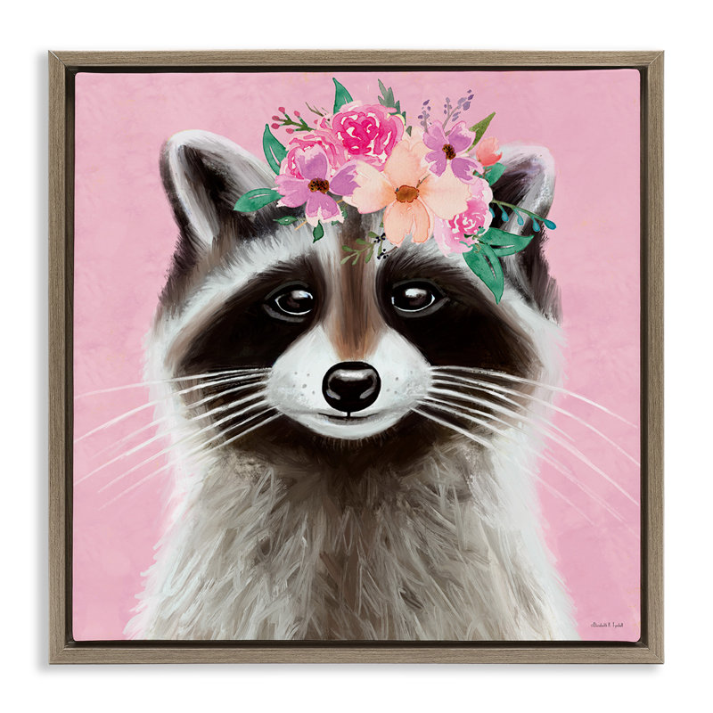 «Pink Florals Raccoon», art mural sur toile par Elizabeth Tyndall, Cadre flottant orme Montalcino