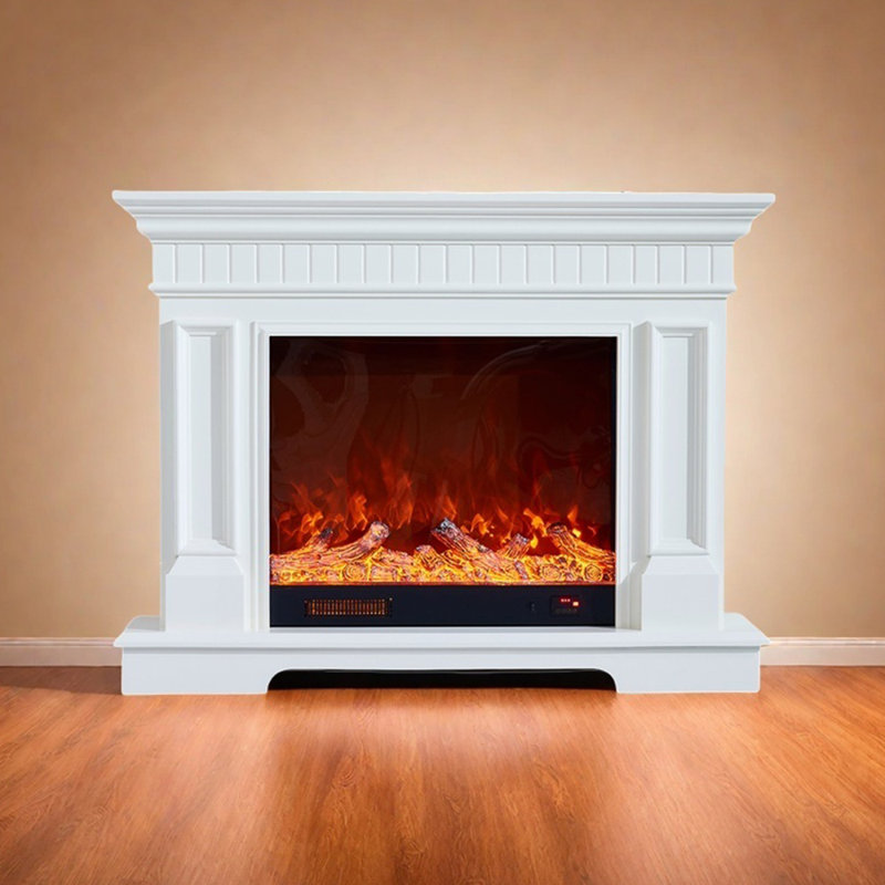 Cheminée tendance en ligne tridimensionnelle, Blanc, H 45,66 po x l 59,05 po x P 12,99 po