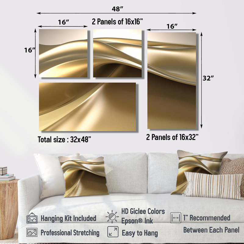 Minimal Glam subtile rétro liquide vague d'or - grandes formes abstraites d'art sur toile 4 pièces, Toile tendue