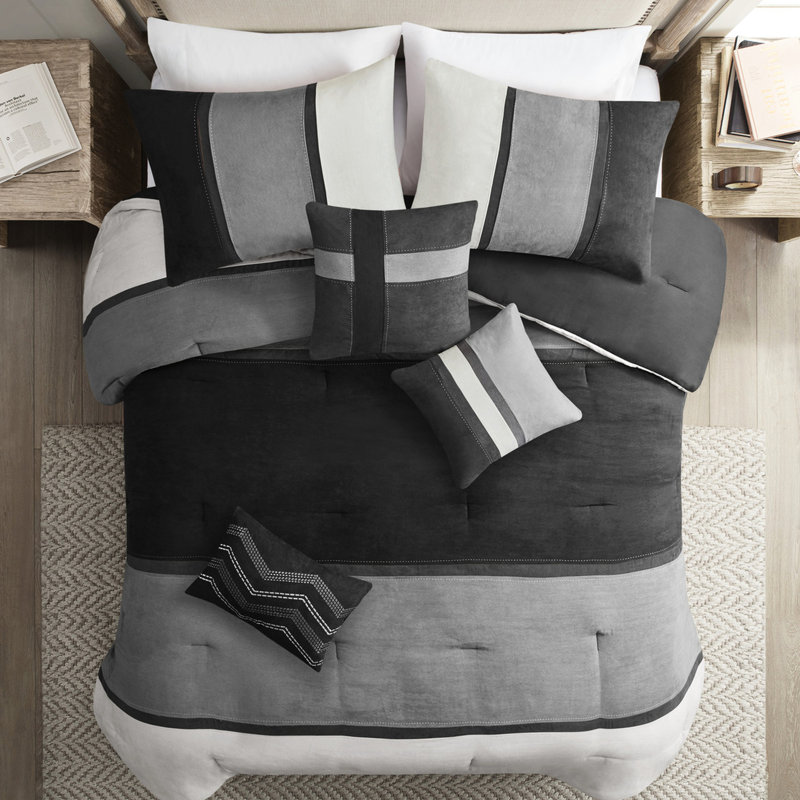 Édredon grand en suède noir 7 pièces pour grand lit - Collection de literie douce et confortable, Noir / blanc