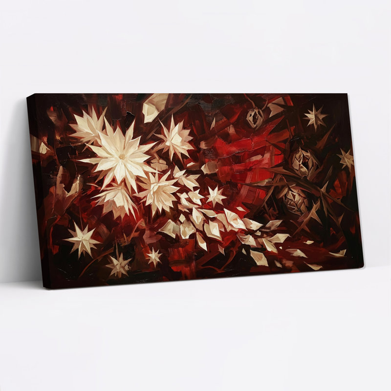 Fleurs blanches en forme d'étoile sur toile rouge foncé, L 46 po x H 24 po