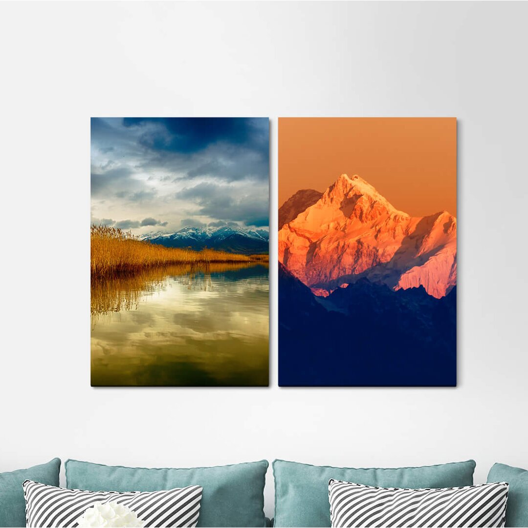 2-tlg. Leinwandbilder-Set - Grafikdruck „Usa Grand Canyon Mountains Clouds Poppy Field Summer Sunset”