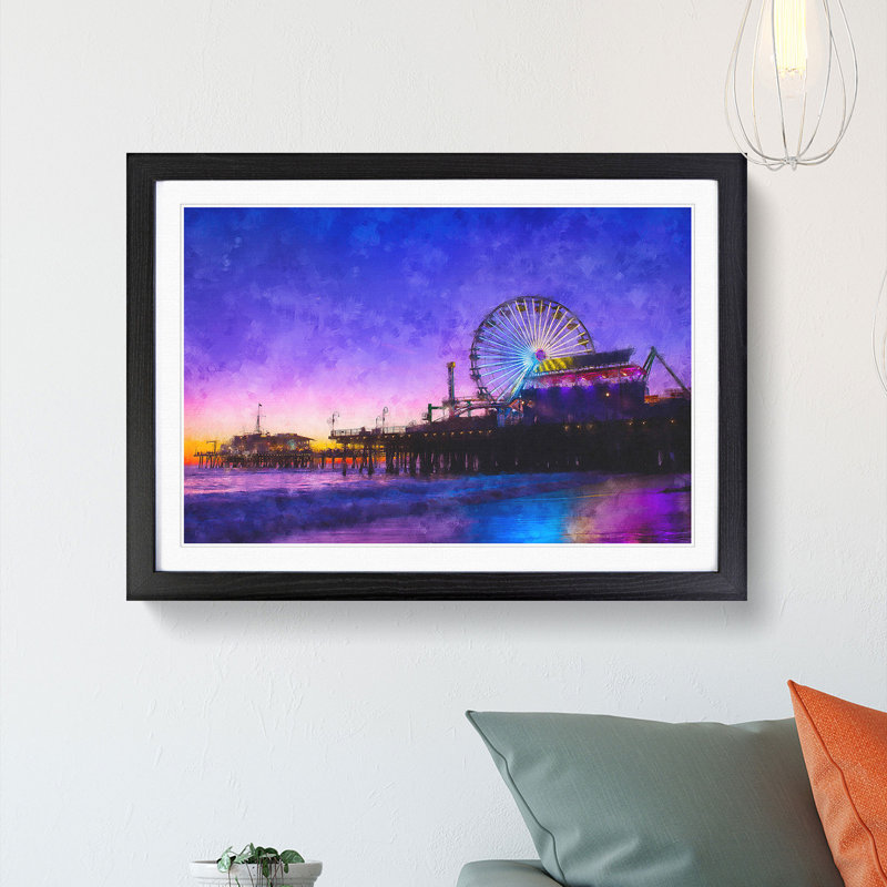 Santa Monica Pier Fairground - Picture Frame Painting Print, 62cm H x 87cm W x 2cm D, Black Framed