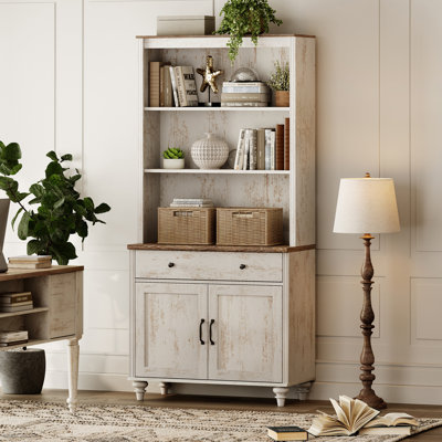 Scarlett Sideboard Cabinet With Bar Hutch, Farmhouse Sideboard Credenza For Dining Room, Modern Buffet Cabinet, Large Storage Cabinet With Wood Doors And 5 Tier Shelve, Rustic White