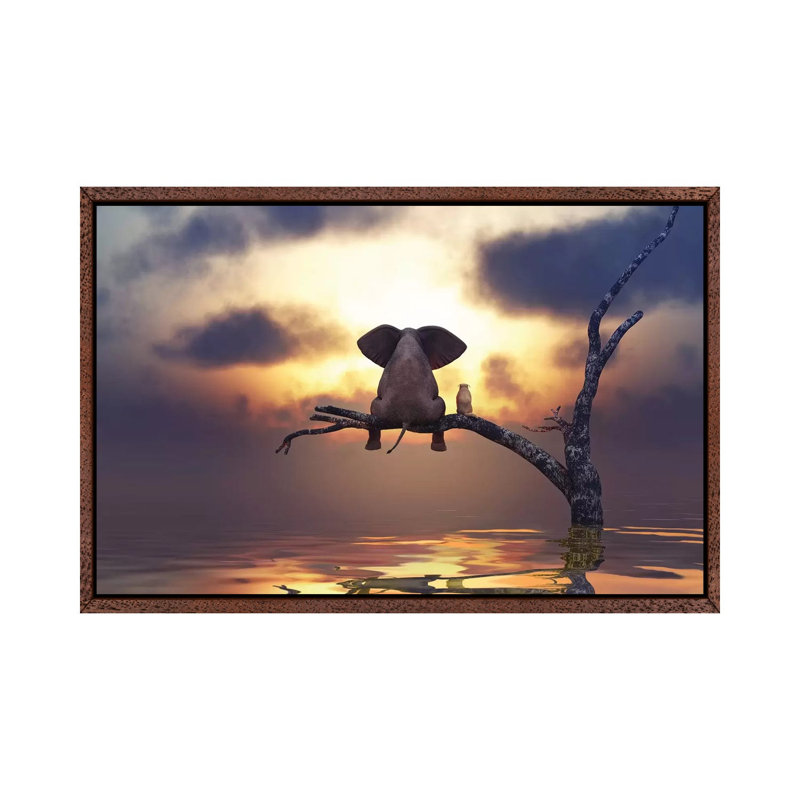 Elephant And Dog Are Sitting On A Tree by Mike Kiev - Print on Canvas, Classic Brown Wood Framed Canvas