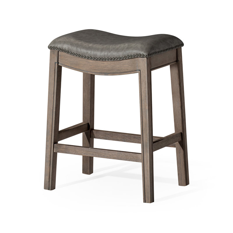 Reclaimed Oak Saddle Counter Stool with Gray Vegan Leather