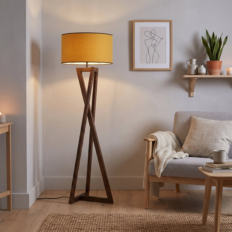 Lampe sur pied à abat-jour cylindrique en noyer nordique et moutarde