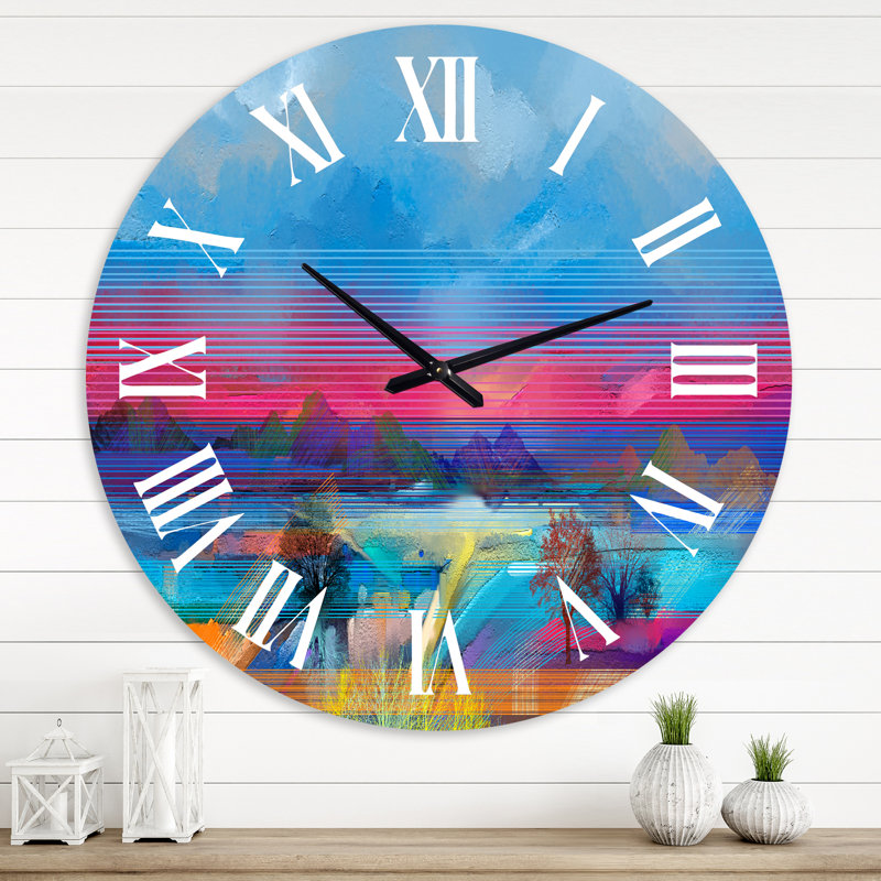 Abstrait abstrait peint à la main bleu ciel mauve coloré - horloge murale moderne, Surdimensionné