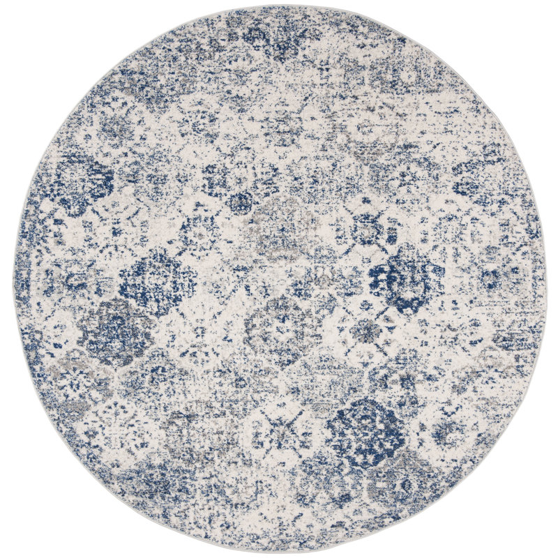 Harty Oriental White/Royal Blue Area Rug, Round 10'