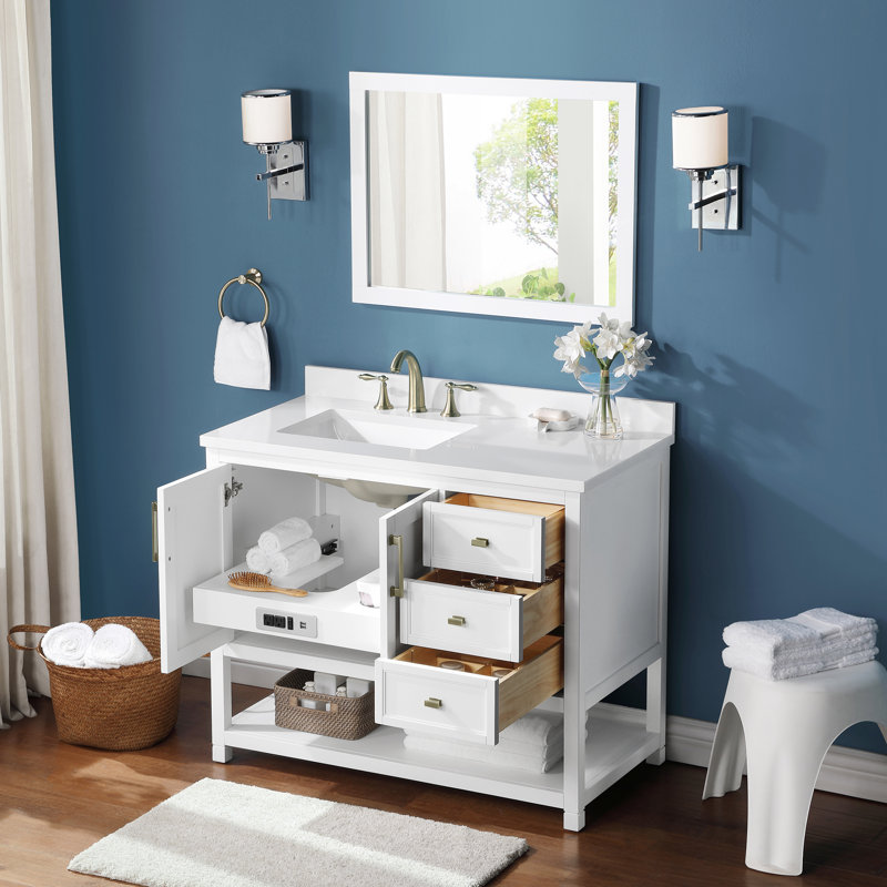 Breakwater Bay Avner Meuble-lavabo simple bleu minuit avec barre d'alimentation USB, Blanc avec