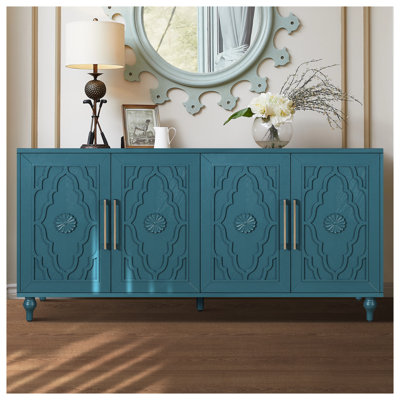 63" Navy Blue Storage Cabinet with Carved Flower Doors, Modern Sideboard Console with Adjustable Shelves & Metal Handles for Living Room