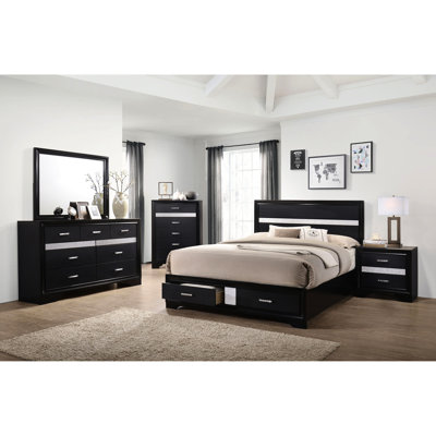 5 chambres pour très grand lit, style contemporain noir, table de chevet avec deux tiroirs, commode miroir et commode, lit, table de chevet intégrée moderne, commode,