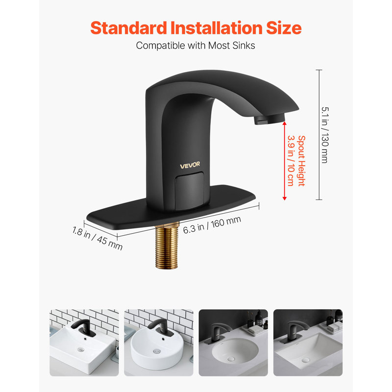Robinet de lavabo pour salle de bain sans contact, robinet de toilette pour salle de bain à capteur de mouvement automatique avec plaque de recouvrement à trou, à piles, température réglable pour lavabo commercial à tuyau 9/16 po, noir mat