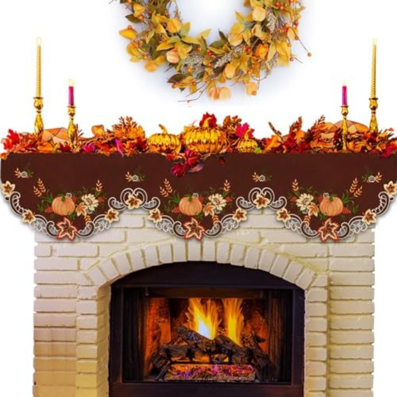 Chemin de foyer brodé couleur café, motif citrouilles de la récolte de Thanksgiving, pour décorations d'automne (chemin de foyer 70 × 17 pouces)