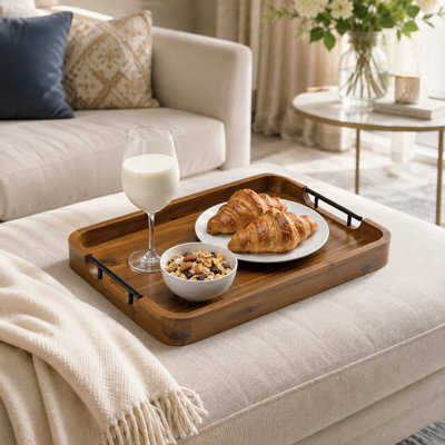 Ottoman Tray For Living Room – Rectangle Serving Tray With Handles – Acacia Wooden Tray For Coffee Table, Living Room, Breakfast In Bed – Decorative Trays For Ottoman or couch