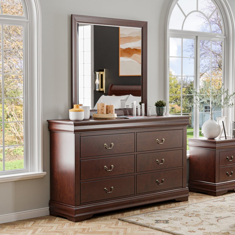 Emelinda 2-Piece 6-Drawer Dresser and Mirror Set, Cherry