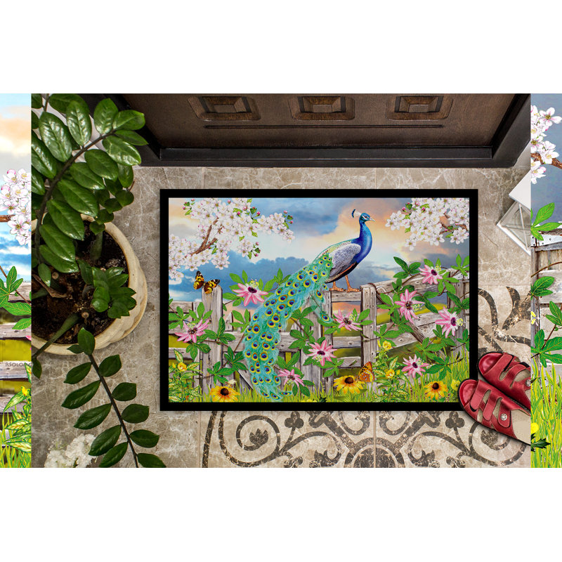 Driffield Non-Slip No Pattern Doormat, Peacock on Garden Fence