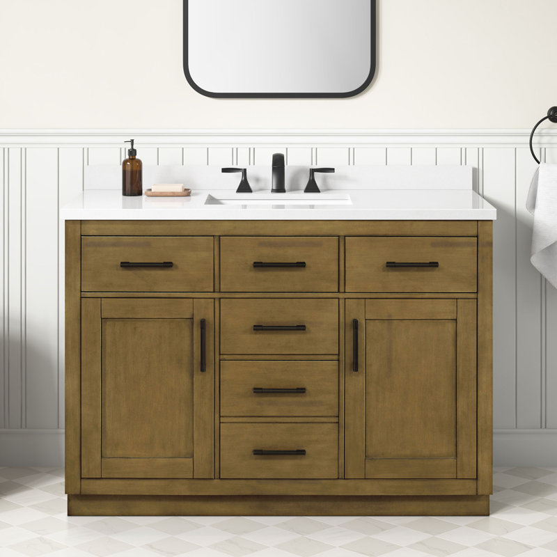 Ensemble de meuble-lavabo simple 48 po avec comptoir en quartz blanc OVE Decors Bailey, dosseret et barre d'alimentation assortis