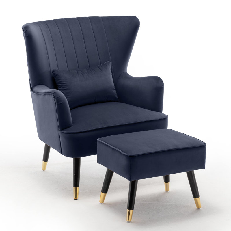 Upholstered With Footstool Wingback Chair, Velvet, Navy Blue