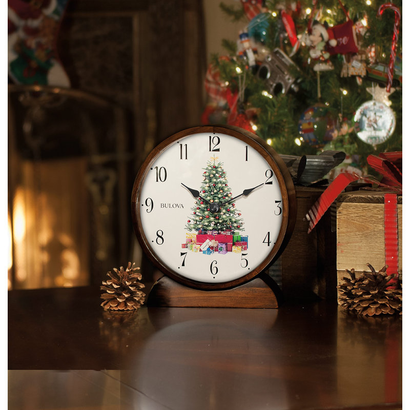Holiday Traditional Analog Walnut Solid Wood Mechanical Tabletop Clock in Brown