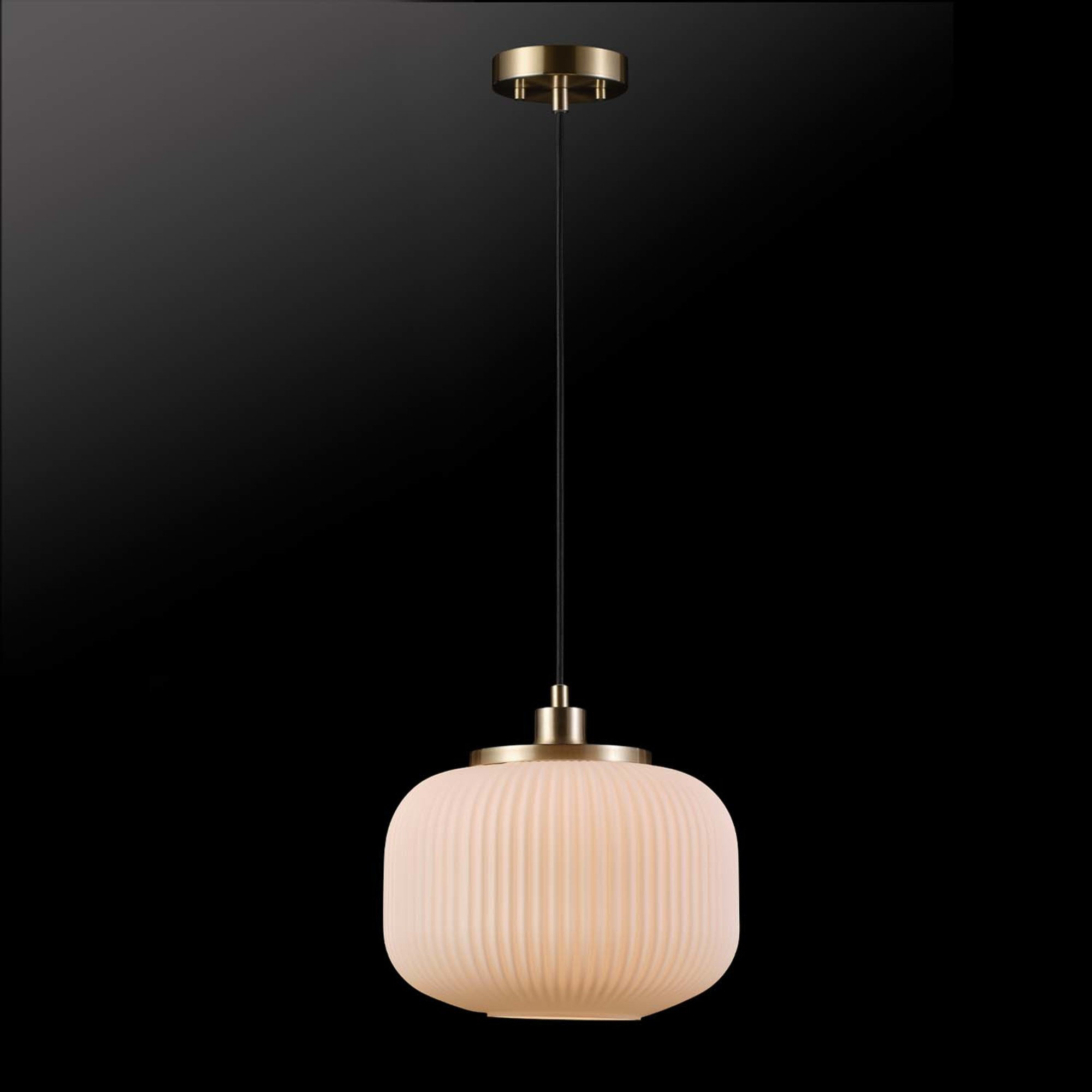 1-Light Matte Brass Pendant Lighting with Frosted Ribbed Glass Shade