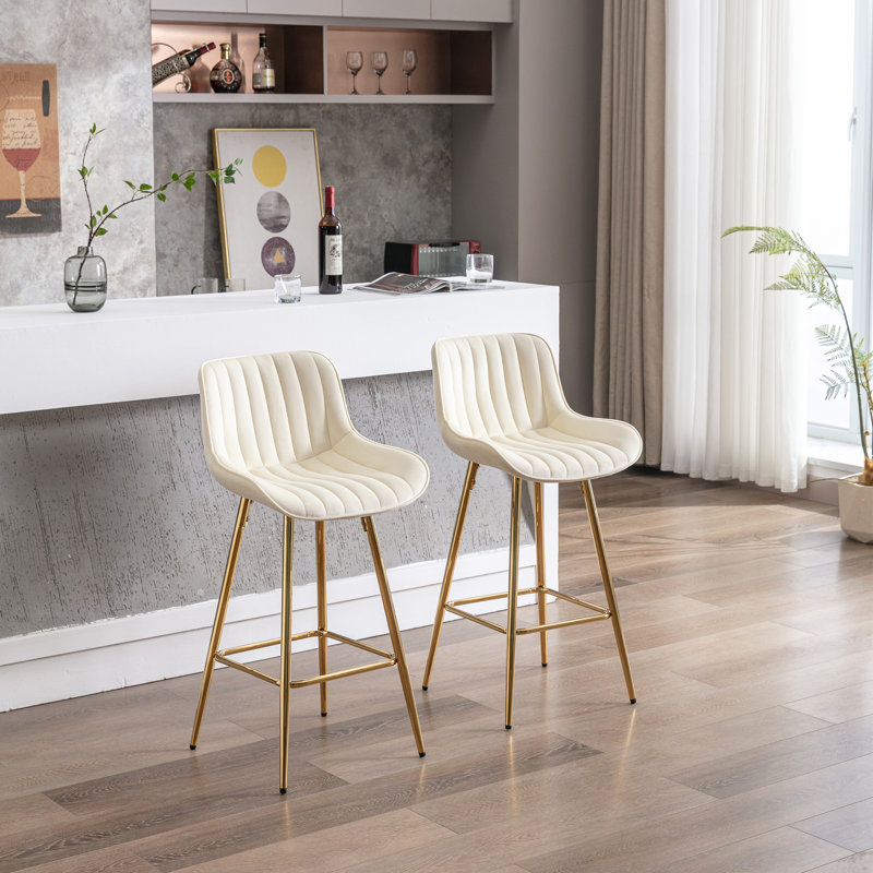 Amyris 30 inch Set of 2 Bar Stools,with Chrome Footrest Velvet Fabric Counter Stool Golden Leg Simple High Bar Stool, Cream