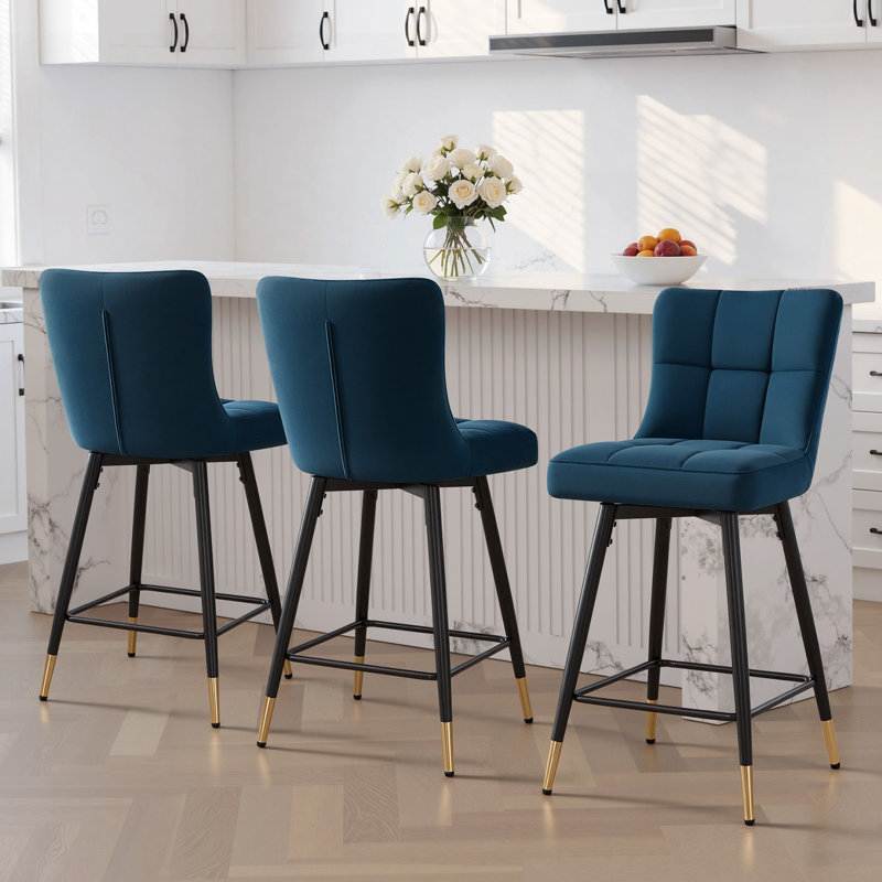 26"Swivel Upholstered Bar Stool, Velvet Blue