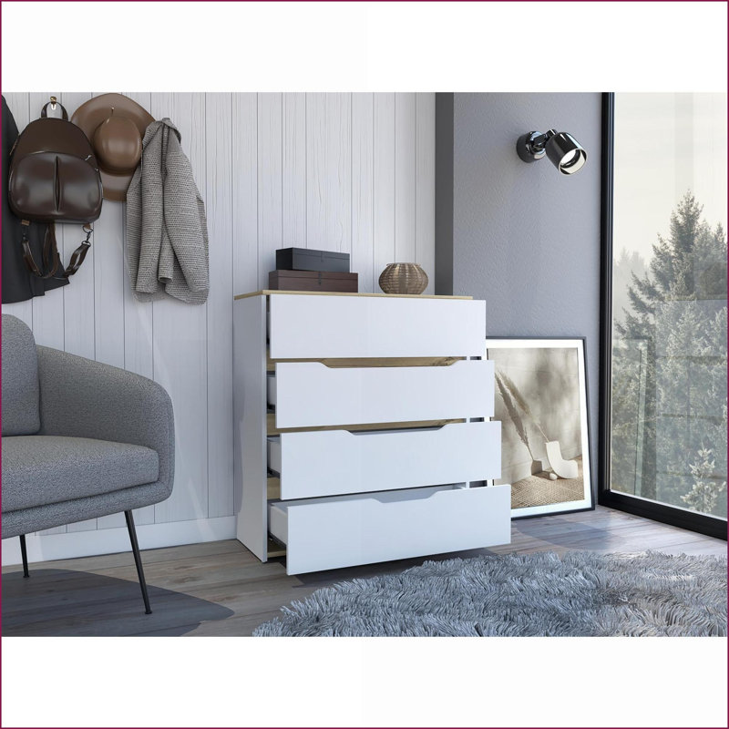 Commodes avec quatre tiroirs spacieux Plateau supérieur | Blanc / finition chêne clair | Blanc + chêne clair | Panneau de particules