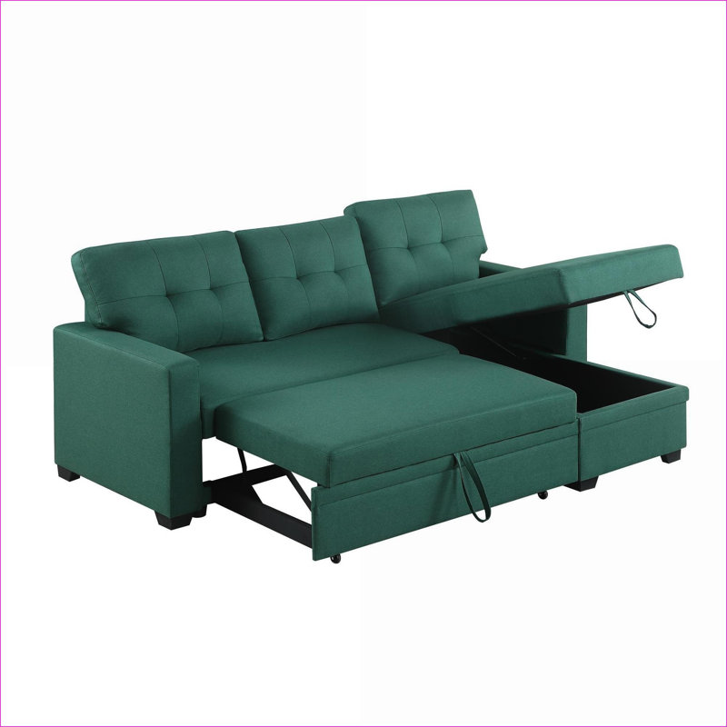 Sectional Sofa with Pull-Out Sleeper &amp; Storage Chaise, Linen Sage Green | For Small Spaces &amp; Guests