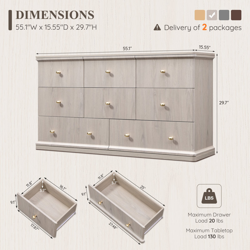Abarca Modern 8 Drawers Dresser for Bedroom, 55" Wide Wood Dressers & Chest of Drawers w/Curved Waterfall Design,Cream, Cream