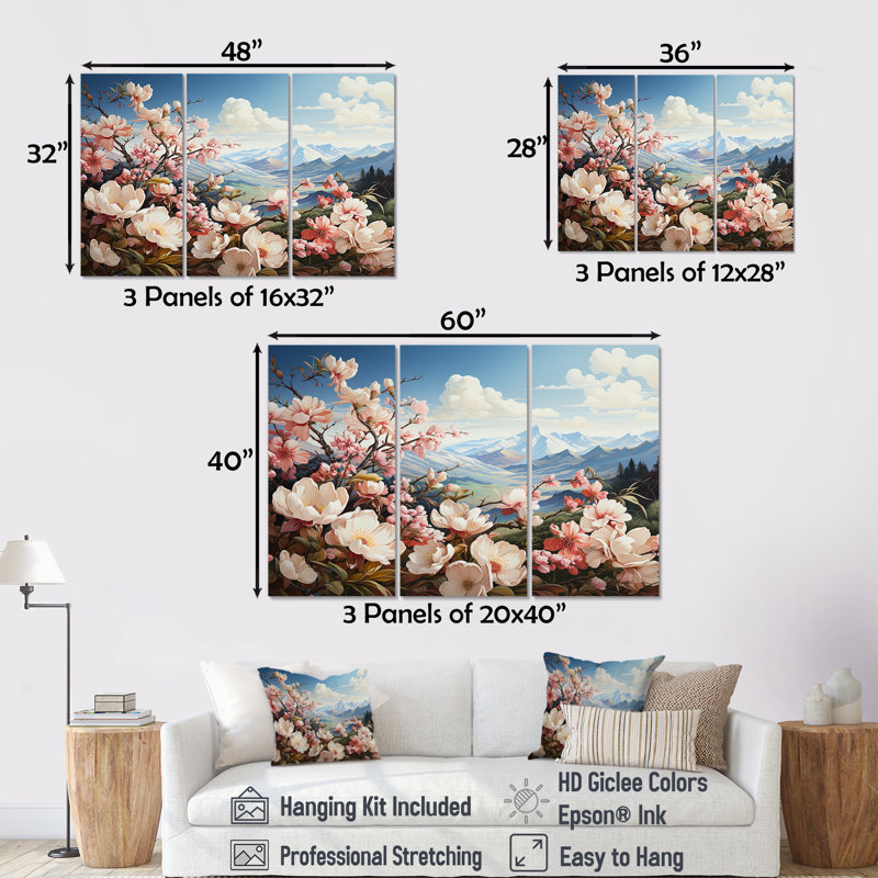 Fleurs de pommier japonais par la montagne II - fleurs, ensemble d'art mural, H 40 po x l 60 po x P 1 po