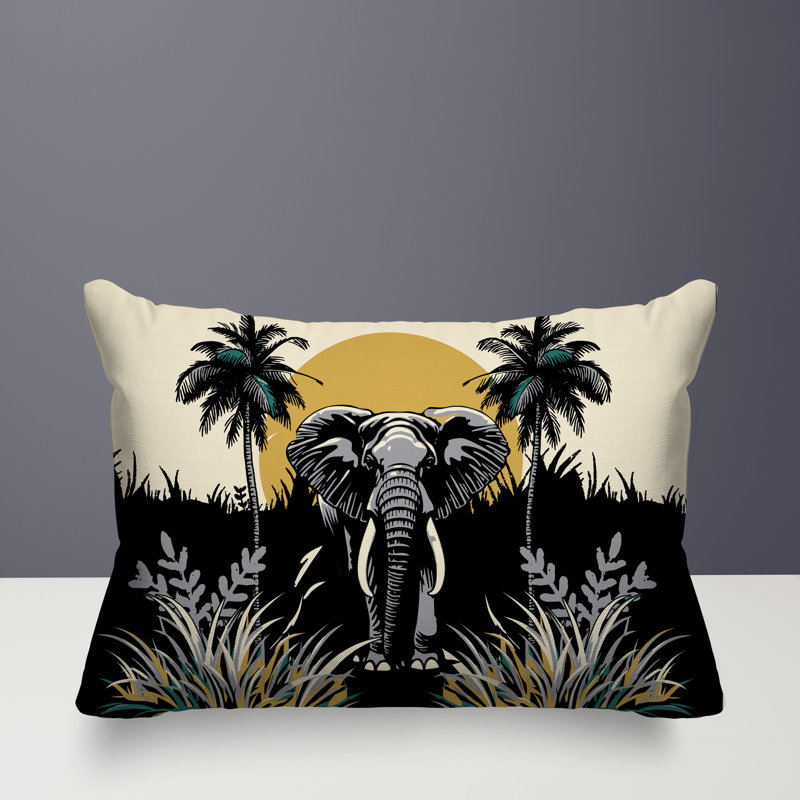 Coussin rectangulaire intérieur / extérieur Sima Elephant, Rectangle H 14 po x l 20 po, Noir