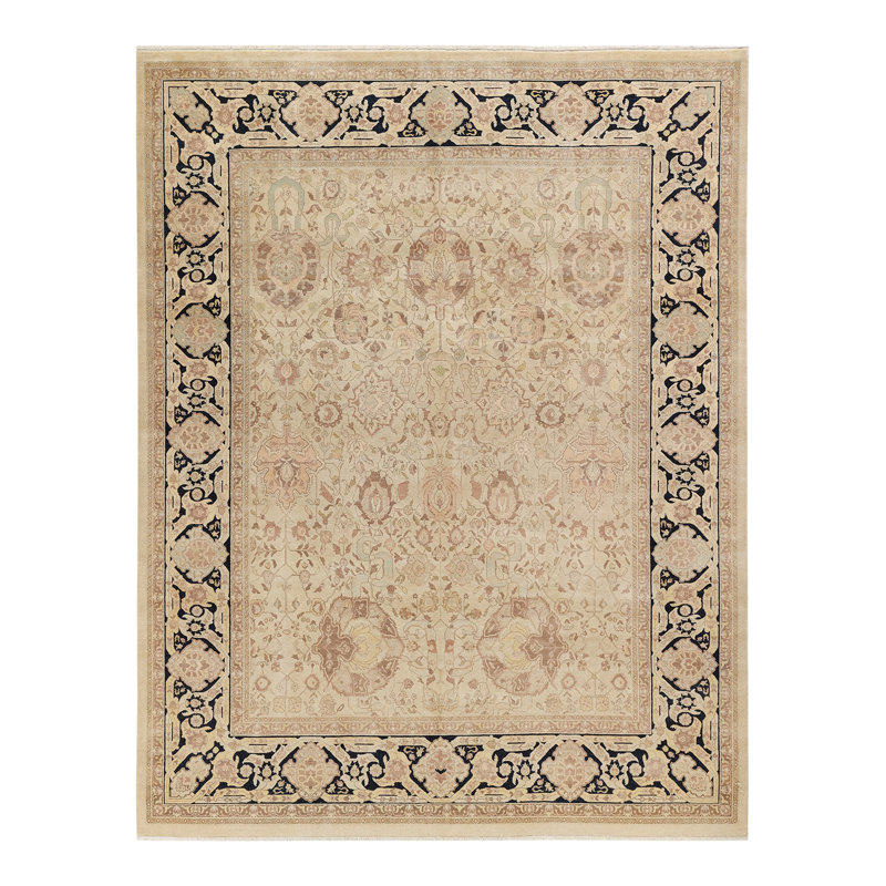 Tapis ivoire / noir en laine noué à la main de conception unique 8 pi 2 po x 10 pi 4 po Ohlone