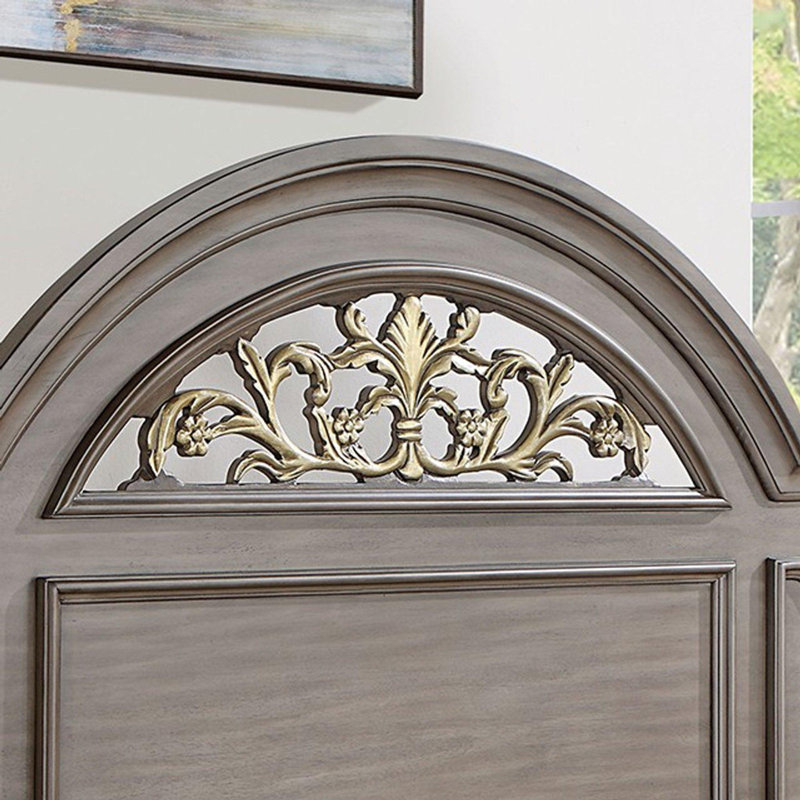 Grand lit à panneau 1pc, style contemporain, mobilier de chambre gris à motif floral formel dans la tête de lit, Grand lit