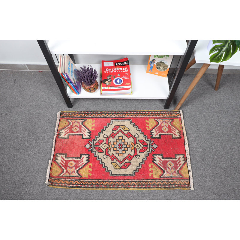 Small Vintage Turkish Mat Perfect For Door Entry Or As A Delightful Gift For The Home In A Vibrant Red