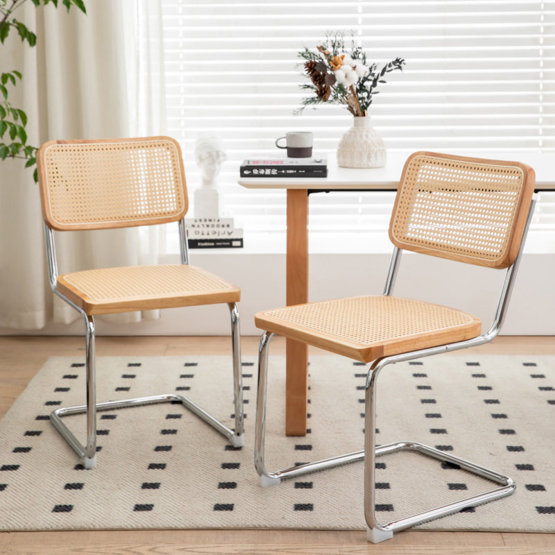 Tristen Rattan and Fabric Upholstered Dining Chairs, Burly Wood, Silver
