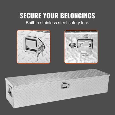 Coffre à outils robuste en aluminium pour benne de camion, 122 x 38 x 38 cm, en tôle larmée, avec poignée latérale et serrure à clé. Coffret de rangement pour camionnette, benne de camion, VR, remorque, argent.