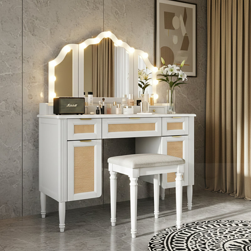 5-Drawer Tri-Fold Mirror Makeup Vanity Desk With Hollywood Bulbs And Charging Station
