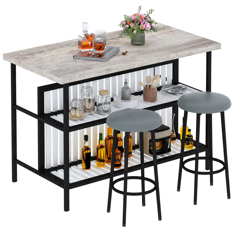 Ensemble de table de bar moderne 3 pièces avec tabourets de coussin en polyuréthane et rangement à 2 niveaux