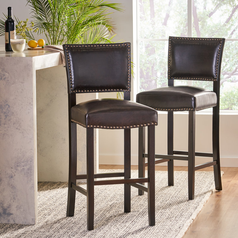 Tewksbury Upholstered Counter Stool with Solid Wood Frame, Dark Brown Faux Leather, Espresso