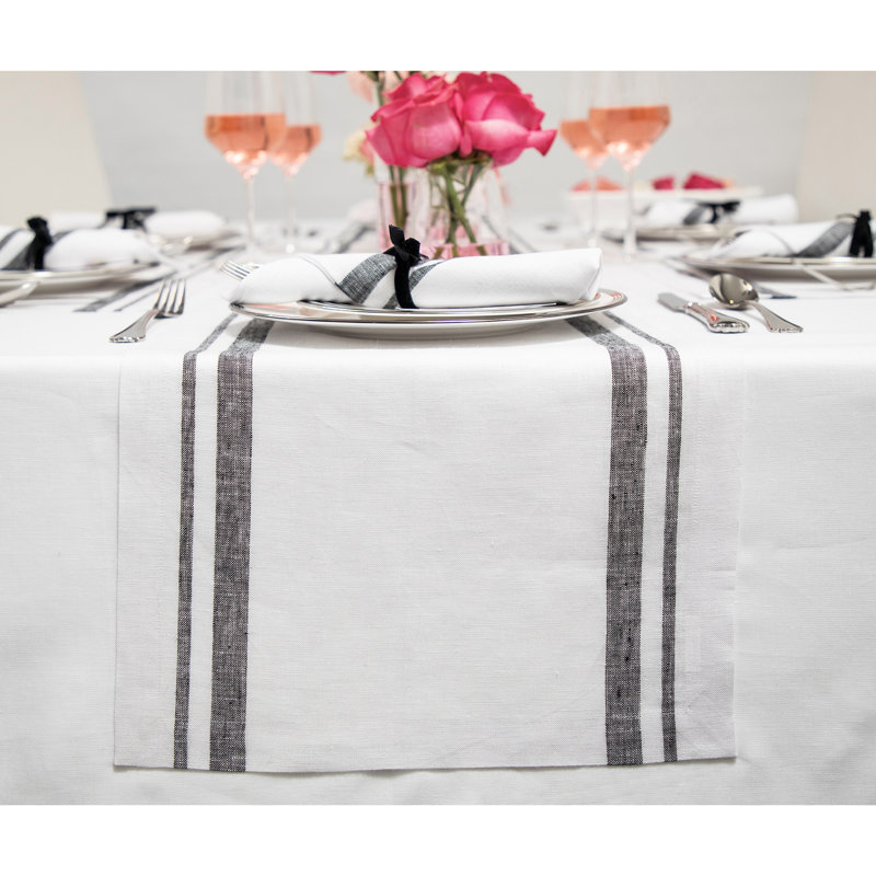 French Stripe - 100% Pure Linen Table Runner, 108" x 14", Black/White