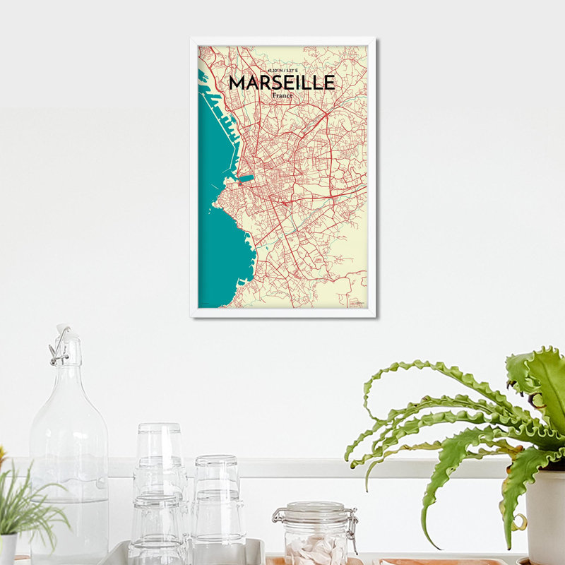 «Marseille City Map», impression, H 17 po x l 11 po, Vert / beige