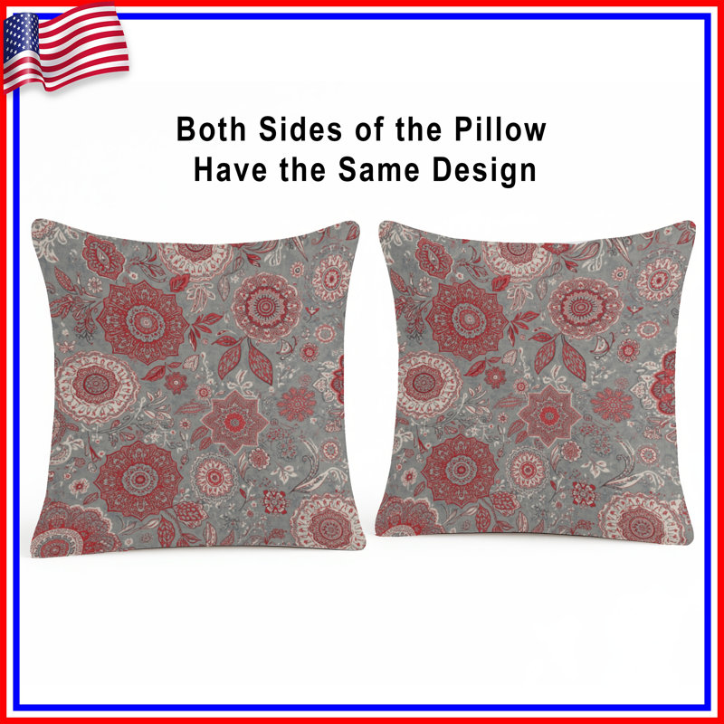 Coussins décoratifs rouges et gris à motif floral, 14 X 14 pouces