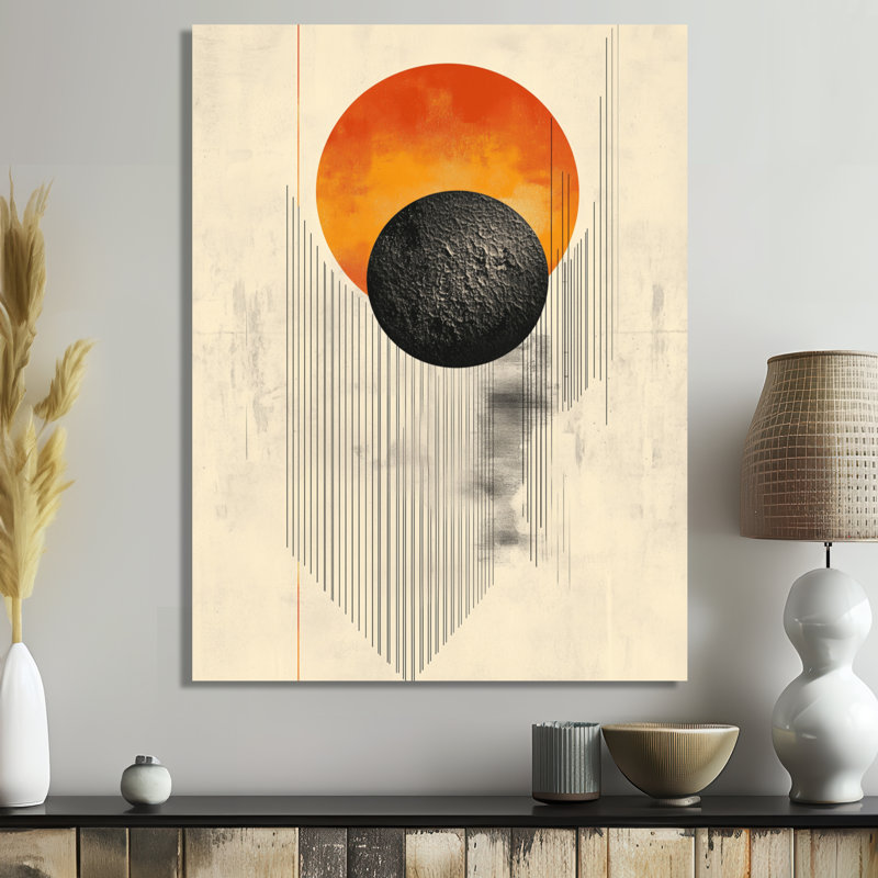 Orange et noir labyrinthe au soleil - art mural abstrait Mid-Century en métal, impression éclectique moderne sur métal