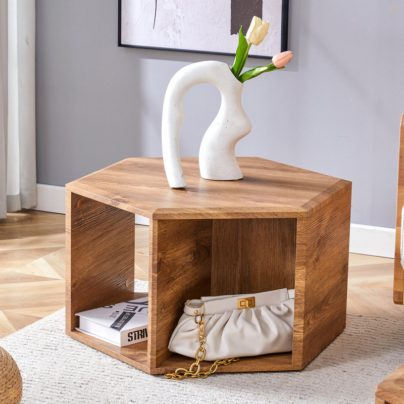 Hexagonal MDF Coffee Table, Wood Grain Pattern Stickers, Multi-Hole Design To Give More Storage Space
