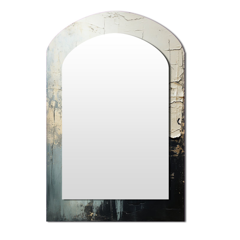 Minimalism Black And White Paint Wave II - Coastal Arch Large Wall Mirror, Cream Asymmetrical Decorative Mirror, Printed Metal Art