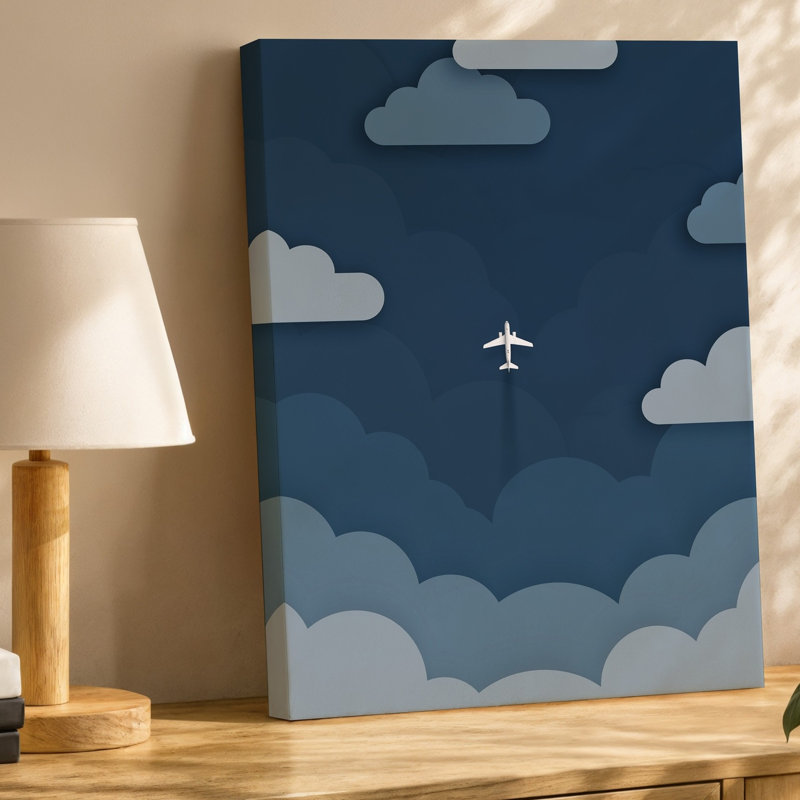 Toile, art numérique minimaliste mettant en vedette un petit avion blanc qui monte à travers un ciel bleu marine profond entouré de tendres impressions sur toile