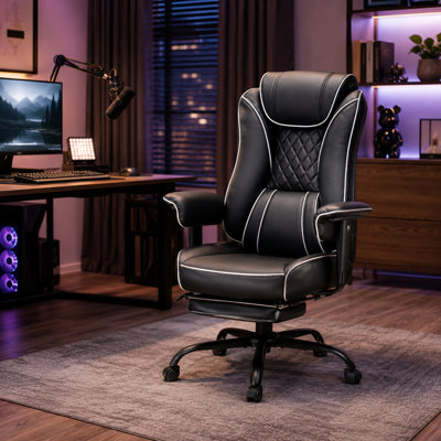 Black Faux Leather High-Back Gaming Chair with Footrest, Padded Arms, Adjustable Height, and Casters
