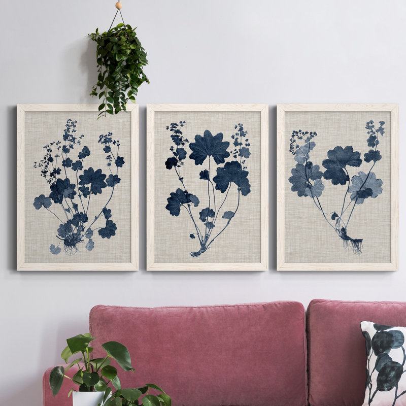 Bleu marine et feuilles de lin II - ensemble de 3 peintures sur toile encadrées, H 100 po x l 31,5 po x P 1 po, Blanc