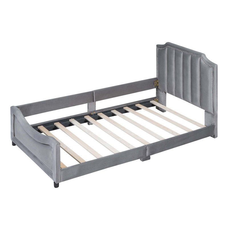 Twin Size Upholstered Daybed With Classic Stripe Shaped Headboard, Gray